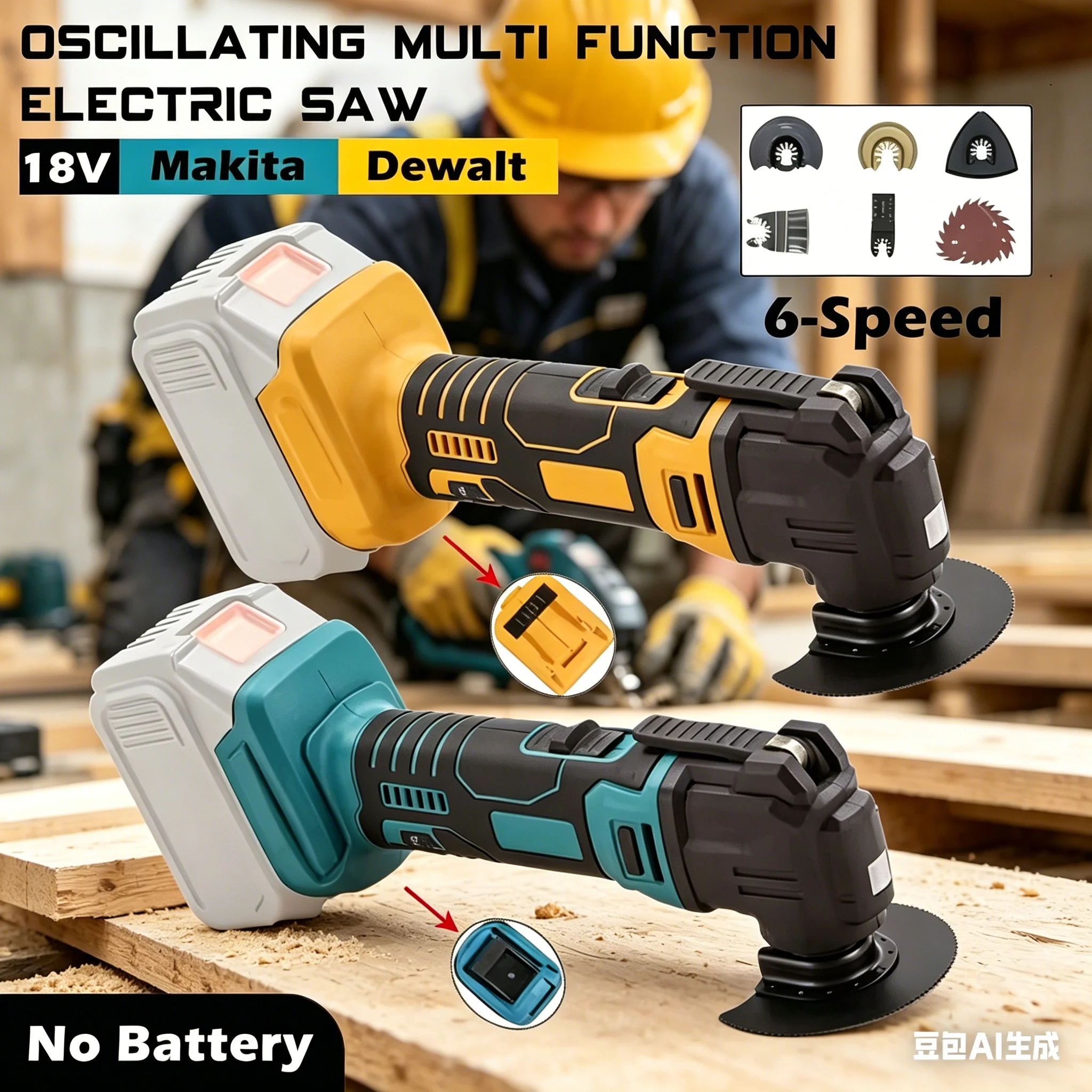 

Электрический осциллирующий многофункциональный инструмент с насадками-триммером/лопаткой для деревообработки, совместимый с аккумуляторами Makita/Dewalt 18В