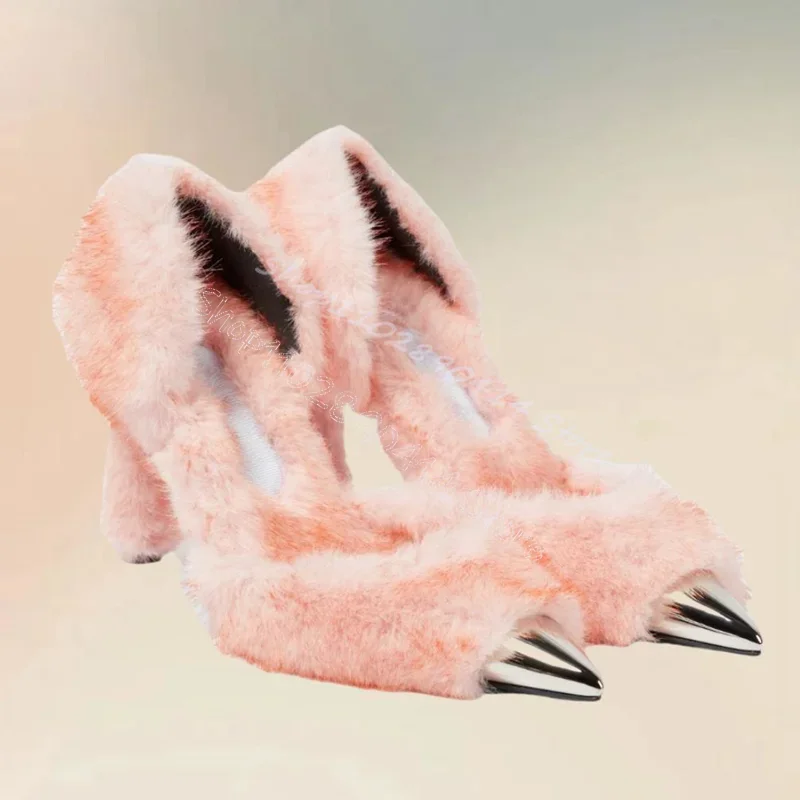 

Pink Fur Decor Metal Pointed Toe Pumps Slip On Women Shoes Chunky High Heels Fashion Party Feast Dating 2024 Zapatos Para Mujere