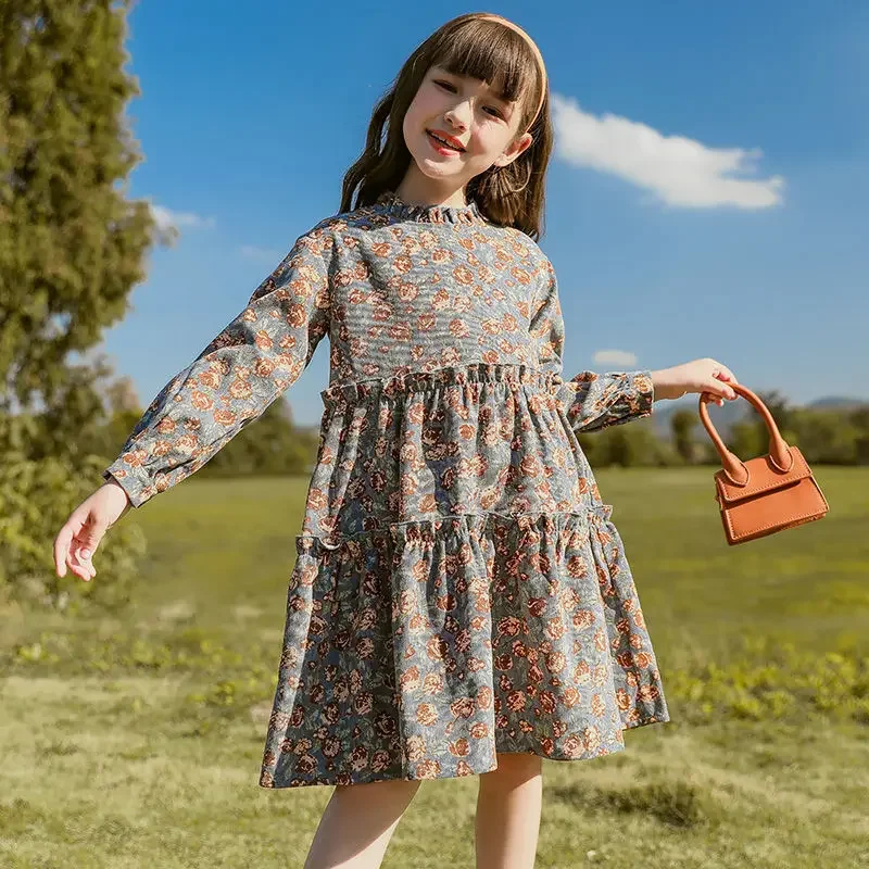 Children's New Floral Dress Retro Long Sleeves Princess Dress Outskirts Walk 6 8 10 12Years Old Fall Spring Floral Girls' Dress