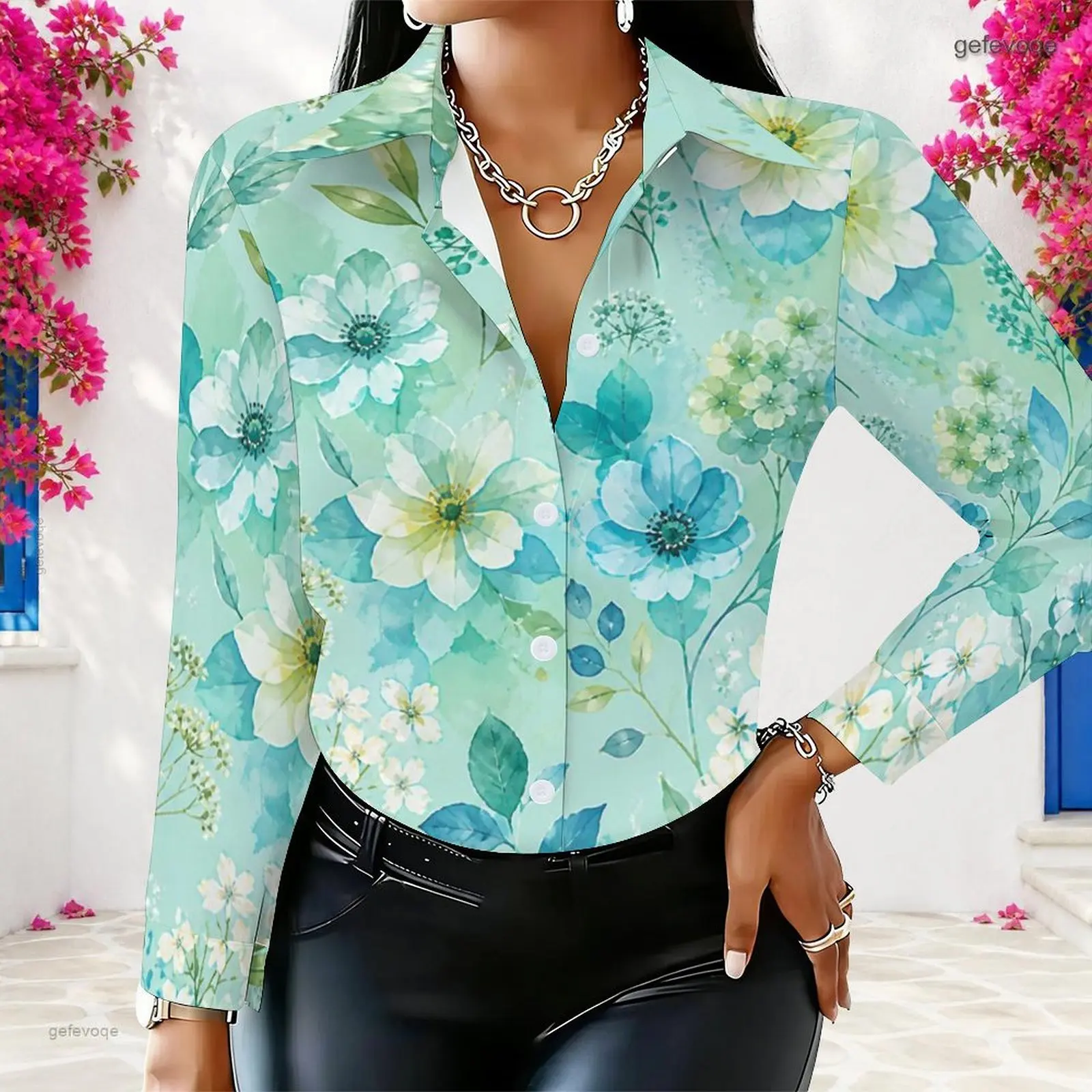 Women Shirt with Print Collared Neck Long Sleeve Button Front Curved Hem