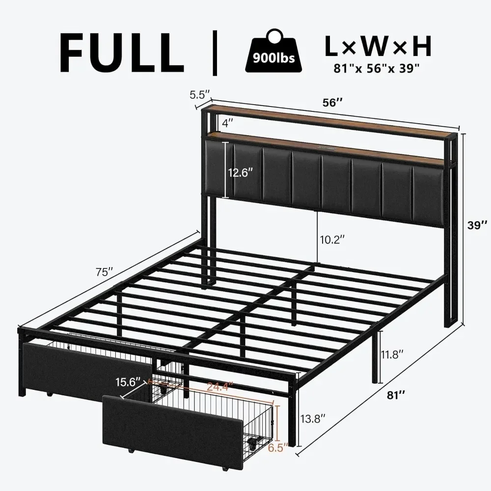 Full Bed Frame with 2 Storage Drawers, 2-Tier Storage PU Headboard with Charging Station& LED Lights, Bed Frame