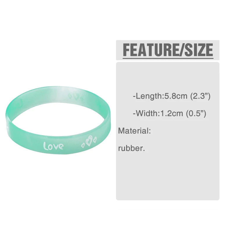 FLOLA 10pcs Luminous Heart Silicone Bracelets Candy Color Love Letter Sport Rubber Wristband Bracelet Bangle Jewelry brtc40