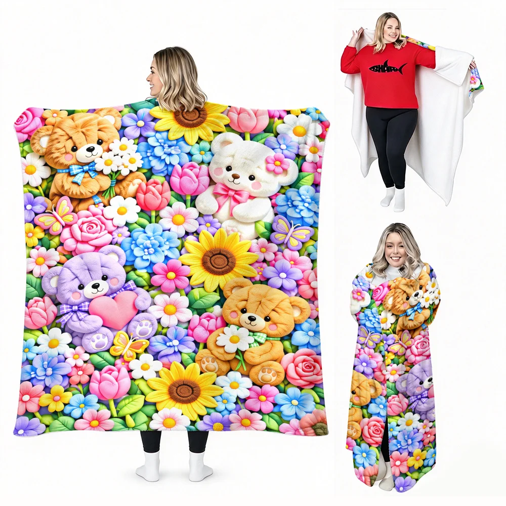 1pc Flower Bear Print Wearable Blanket-Soft and comfortable, cute cartoon design. Perfect for casual, gift-giving and everyday c