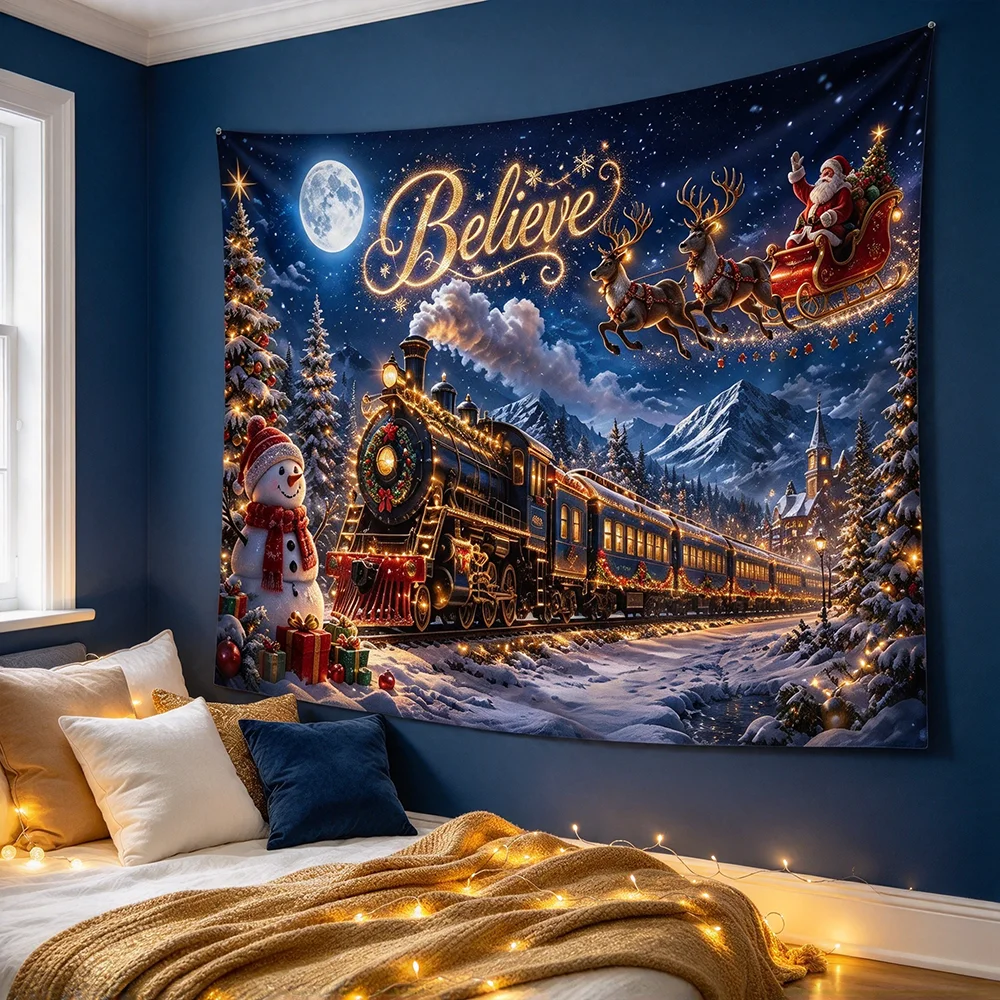 1PCS Tapestry, Christmas Night Train Santa Sleigh Snowman Believe Scene, Holiday Party Decoration for Home Studio Wall