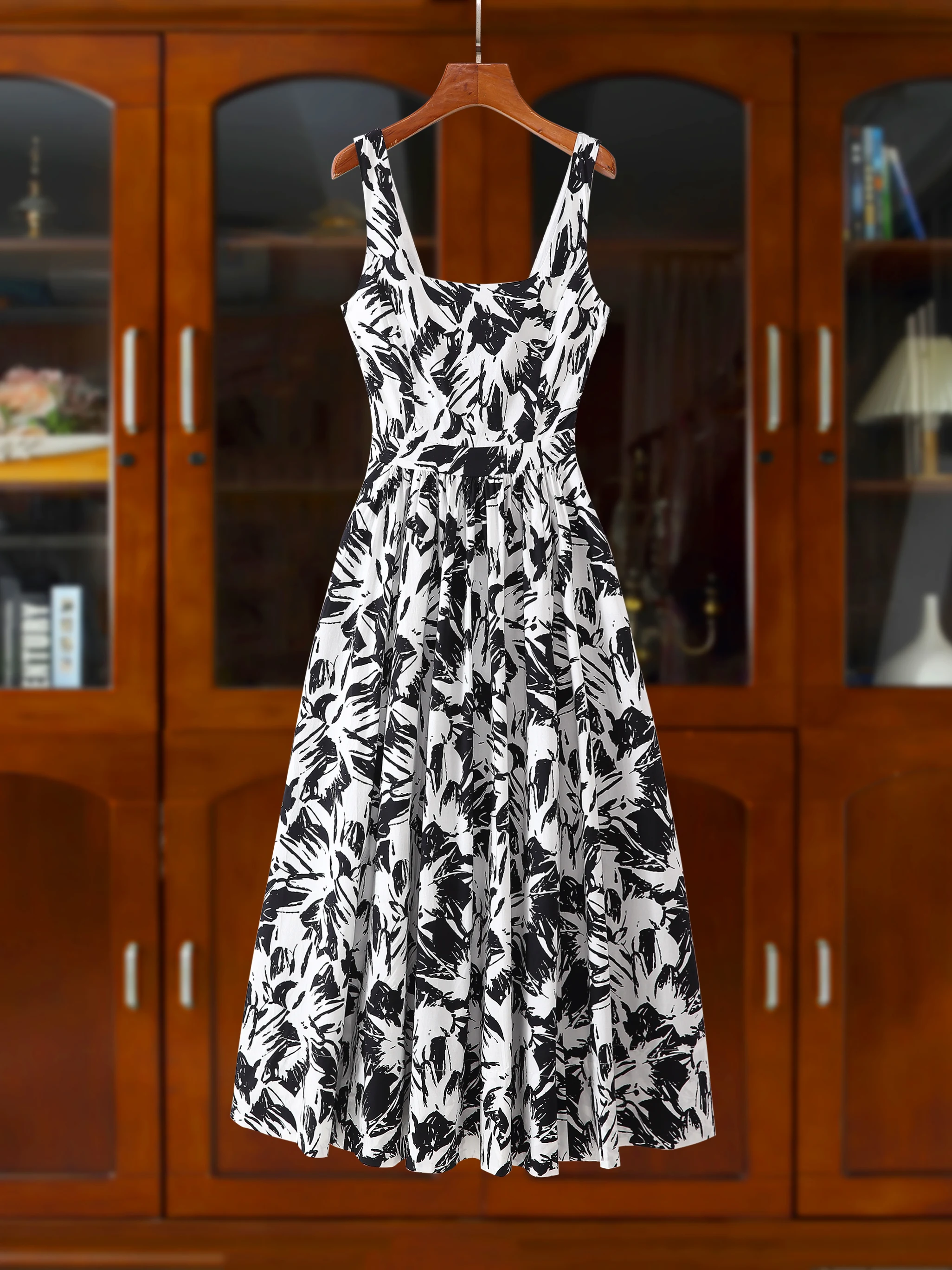 블라 화이트 플로럴 스웨일 A라인 테르 드 커뮤트 하이웨이스트 코튼 폴리에스터 혼방 봄 여름 신상품 F3339