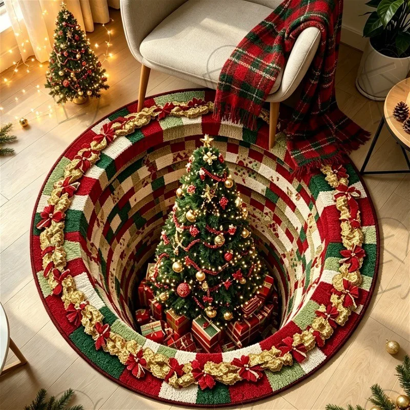 Optical Illusion Santa Claus Round Rug Creative Brick Wall Trap Door Circular Carpet Living Room Kids Play Mat Holiday