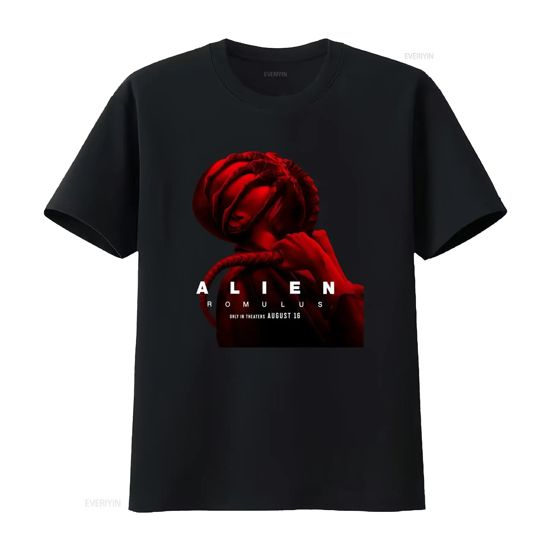 Camiseta Promocional de la Película Alien Romulus y Facehugger Gráfico Oficial del Xenomorfo Chestburster con Estampado Rojo
