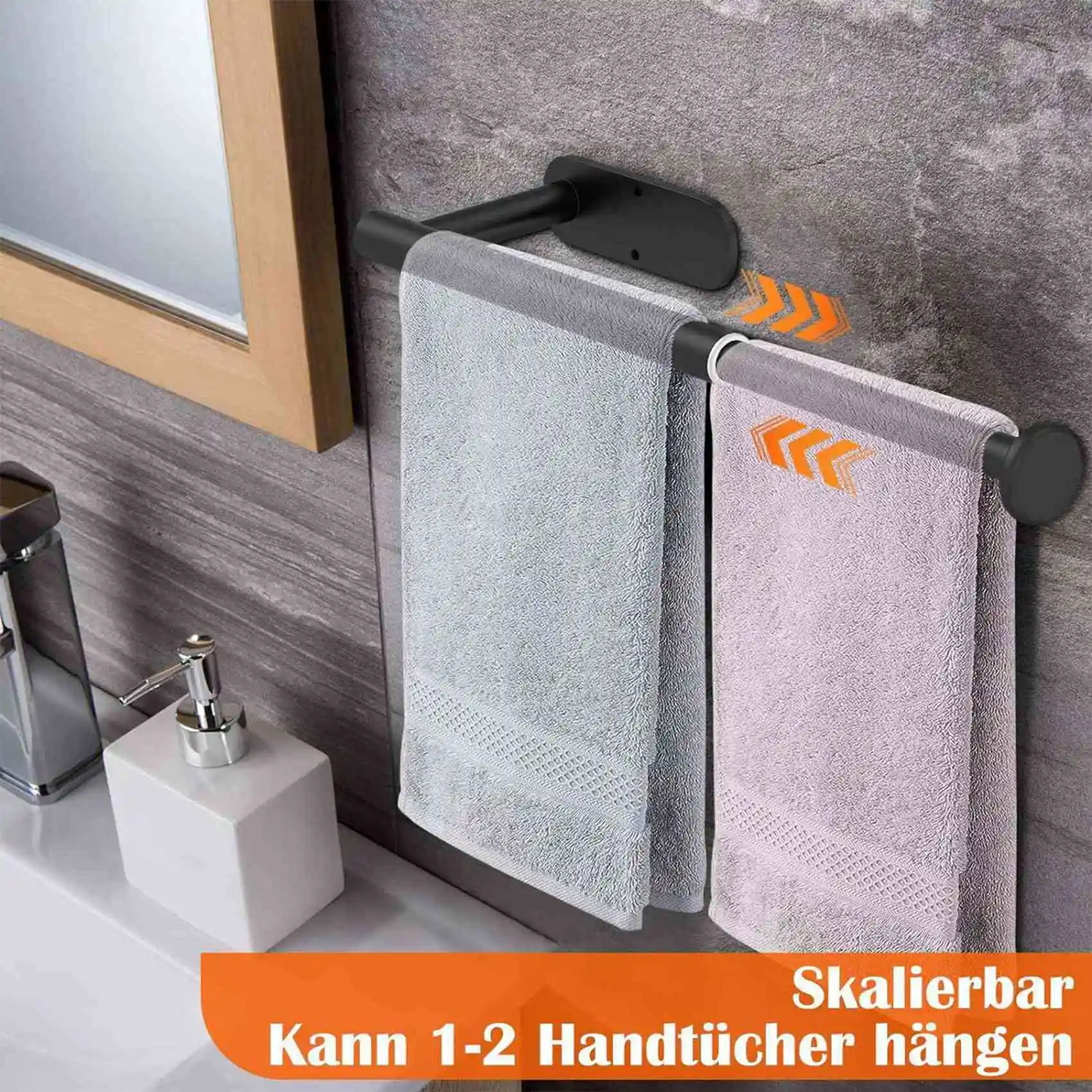 SYW-2X Towel Rail No Drilling Extendable Towel Rail For Gluing For Bathroom And Kitchen, Tea Towel Holder On Wall, Black