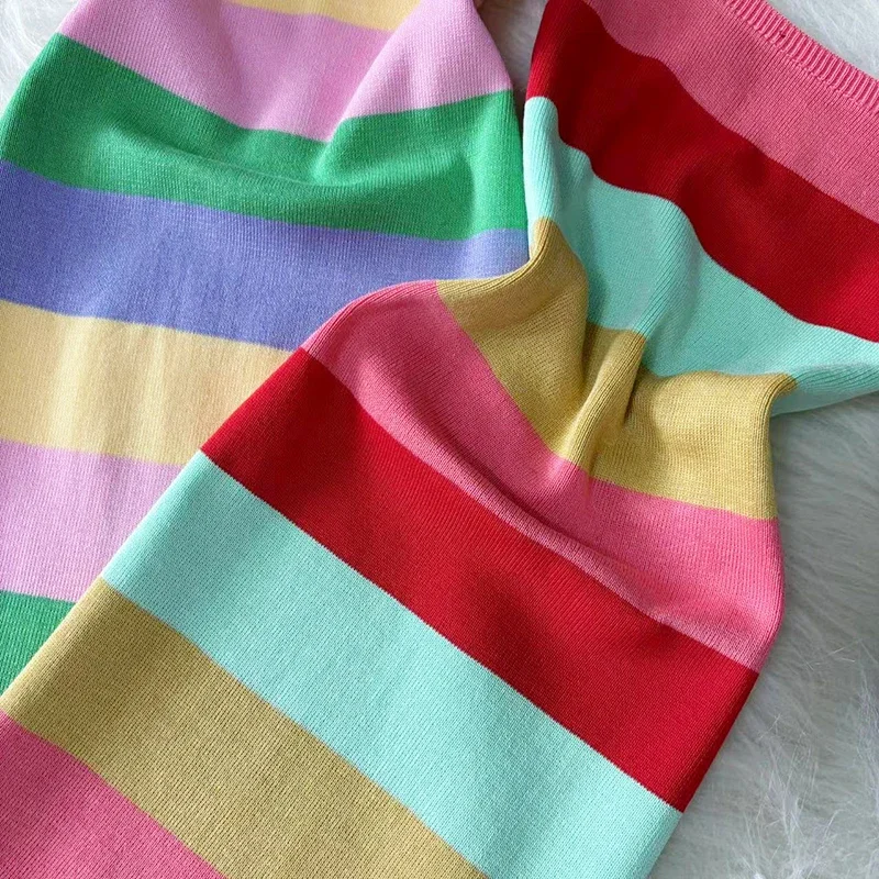 Arc-en-ciel Chic mode Sexy Wrap hanches robe mi-longue femmes Y2K bande tricoté moulante robe d'été Streetwear dames tenues robe d'été