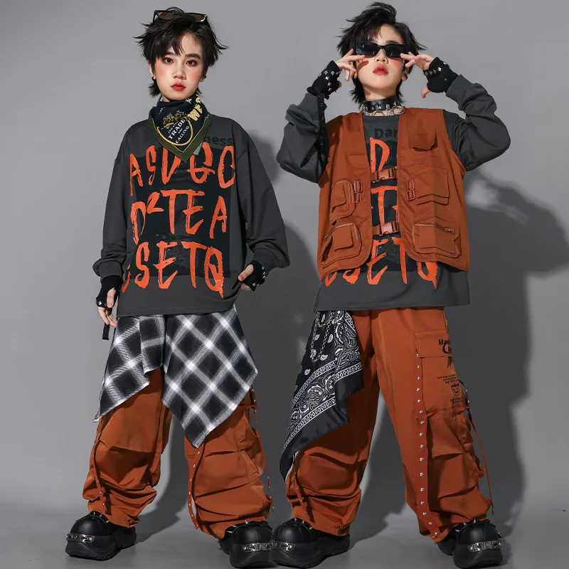 Children Boys Gilrs Streetwear Hip Hop Cargo Vest Pant Sets Stage fashion show Clothes Kids T-shirt Trousers Costume
