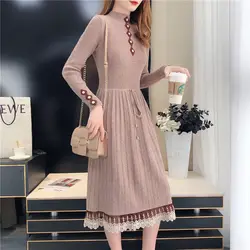 Elegant Stand Collar Spliced Bandage Lace Midi Dress Women's Clothing Autumn Winter Loose Knitted All-match Ladies Dresses