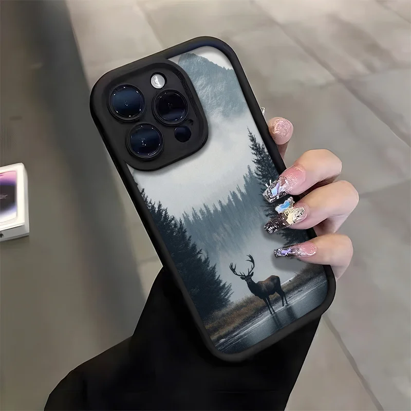 

Fashionable simple mountain deer staring pattern stylish phone case suitable for iPhone 16 15 14 13 12 11 Pro/ Max /Plus