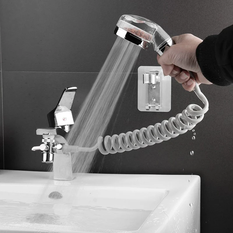 Flexible Spring Hose Hand Shower Head Set, Sink Tap Diverter Adapter Bathroom Wash Basin Modification Hair Washing Sprayer Kit