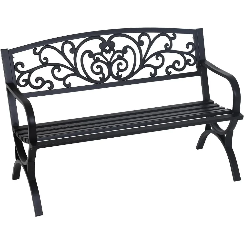 

50 Inches Outdoor Bench, Slatted Seat Armrests Floral Design Backres&Arch Legs, Perfect for Park, Yard, Porch, Balcony, Backyard
