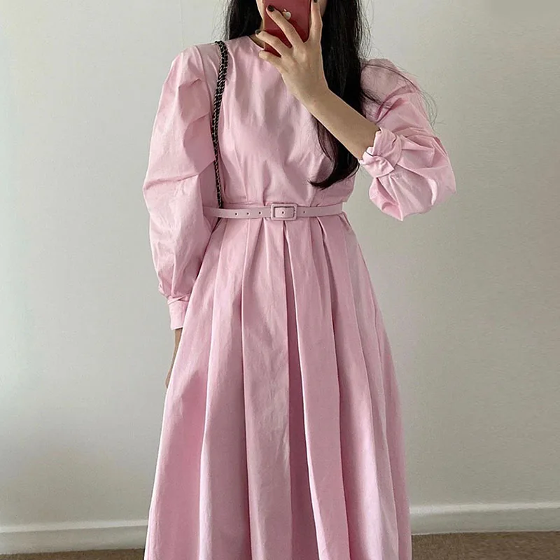 

Шикарное ранневесеннее платье макси с круглым вырезом, розовое, с присборенной талией, рукавами-фонариками, женское, с высокой талией, длинными рукавами, для повседневной носки, из искусственной кожи.