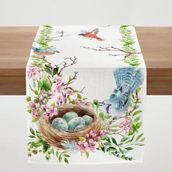 Spring Floral Leaf Bird Egg Easter Linen Table Runner Holiday Party Decor Farmhouse Seasonal Dresser Scarf Dinning Table Decor