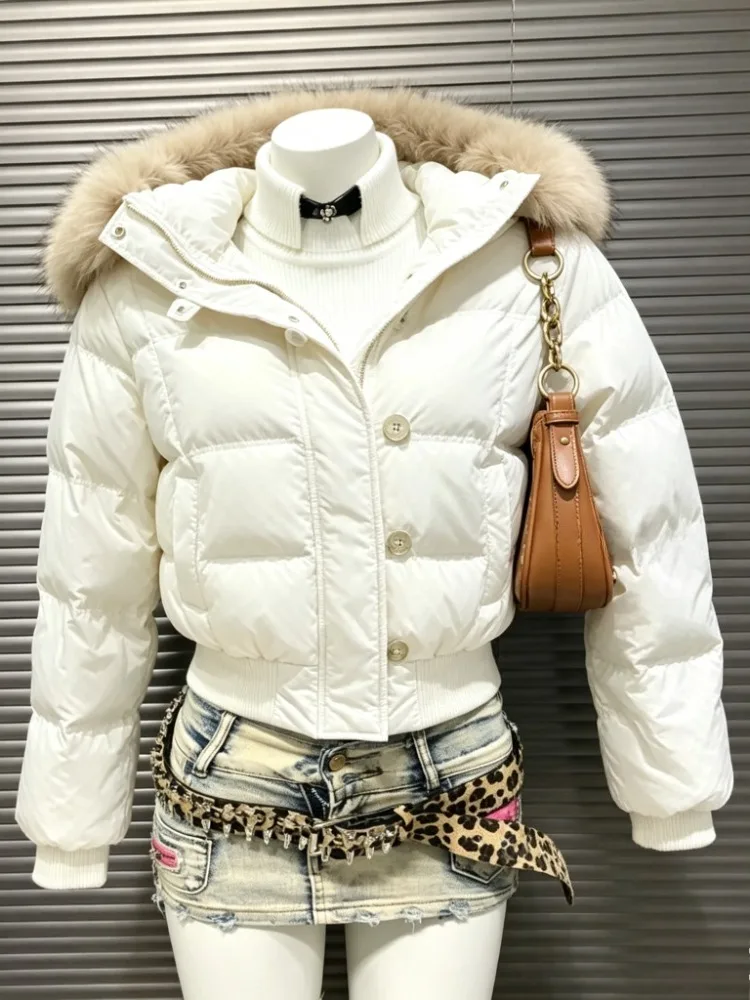 Y2K Trendy Women Cropped Padded Parka Faux Fur Hood Zip‑Up Jacket Long Sleeve Cold‑Weather Daily Street Fashion Outer Tops New