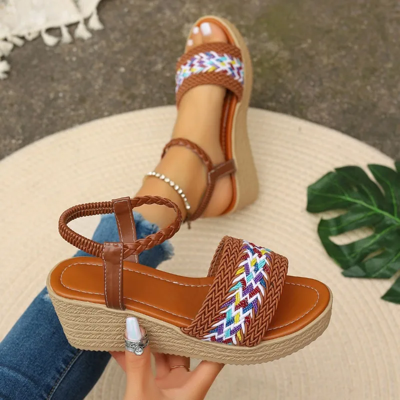 Hot Sale Women's Wedge Sandals 2024 Summer One Word Sandal Incre Height Platform Shoes Fashion Rattan Woven Lady Shoes Sandalias