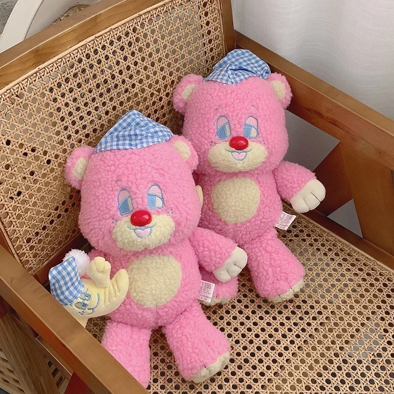 韓国で人気のピンクのクマのぬいぐるみ、アニメの緑の寝間着の帽子をかぶった月の眠っている人形、女の子向けの高品質な紫色のテディベア