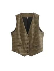 Women's Front Button Houndstooth Waistcoat, V Neck Sleeveless Vest, Female Outerwear, Chic Tops, Fashion