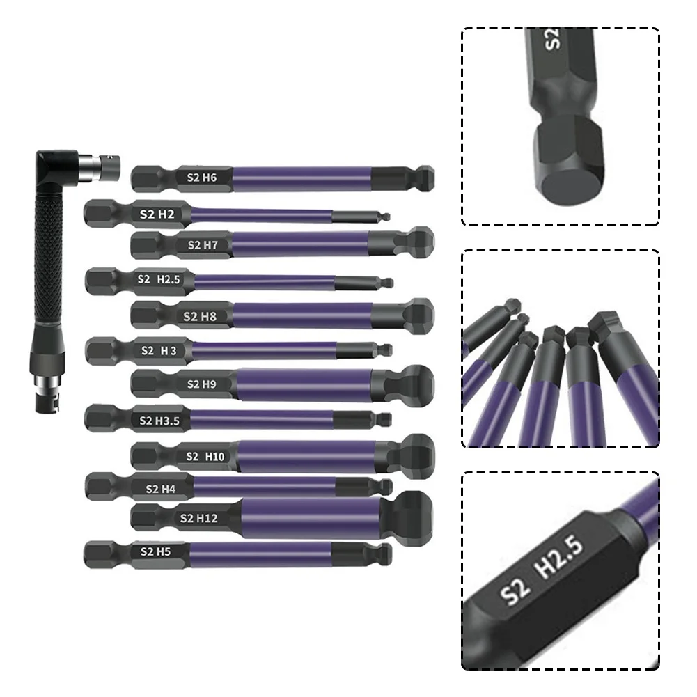 H2-H12 Chave de fenda Bits para broca elétrica, bola magnética End, cabeça de hexágono, Hex Shank, Wrench Hand Tool, 75mm, 13Pcs