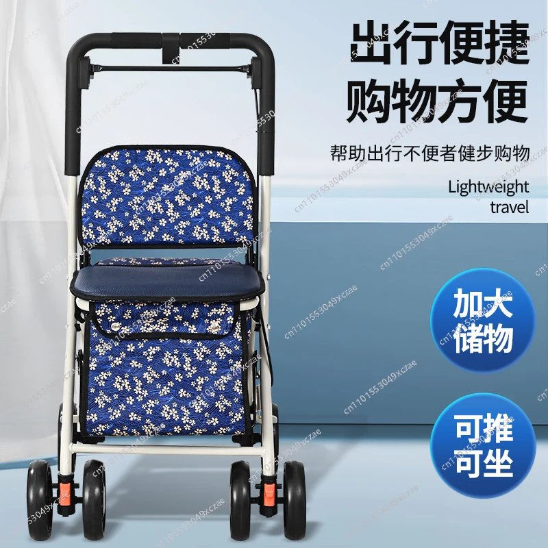 يقوم كبار السن يدفع عربة تسوق البقالة، المشي لكبار السن، بأربع عجلات، خفيف، قابل للطي، عربة سحب صغيرة