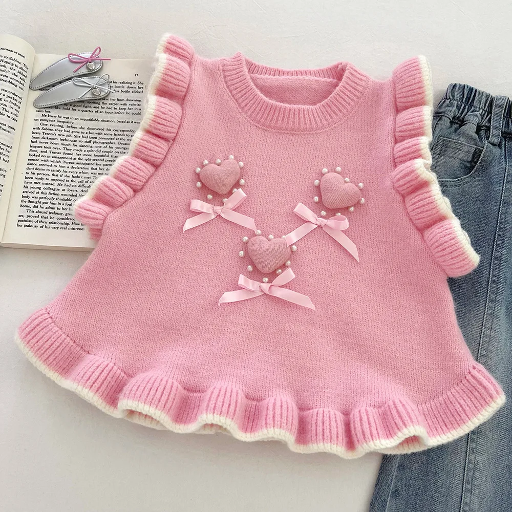 2025 الفتيات الخريف متماسكة مجموعة الوردي القلب سترة قميص الجينز 3 قطعة الزي الموضة 90-50 سنتيمتر