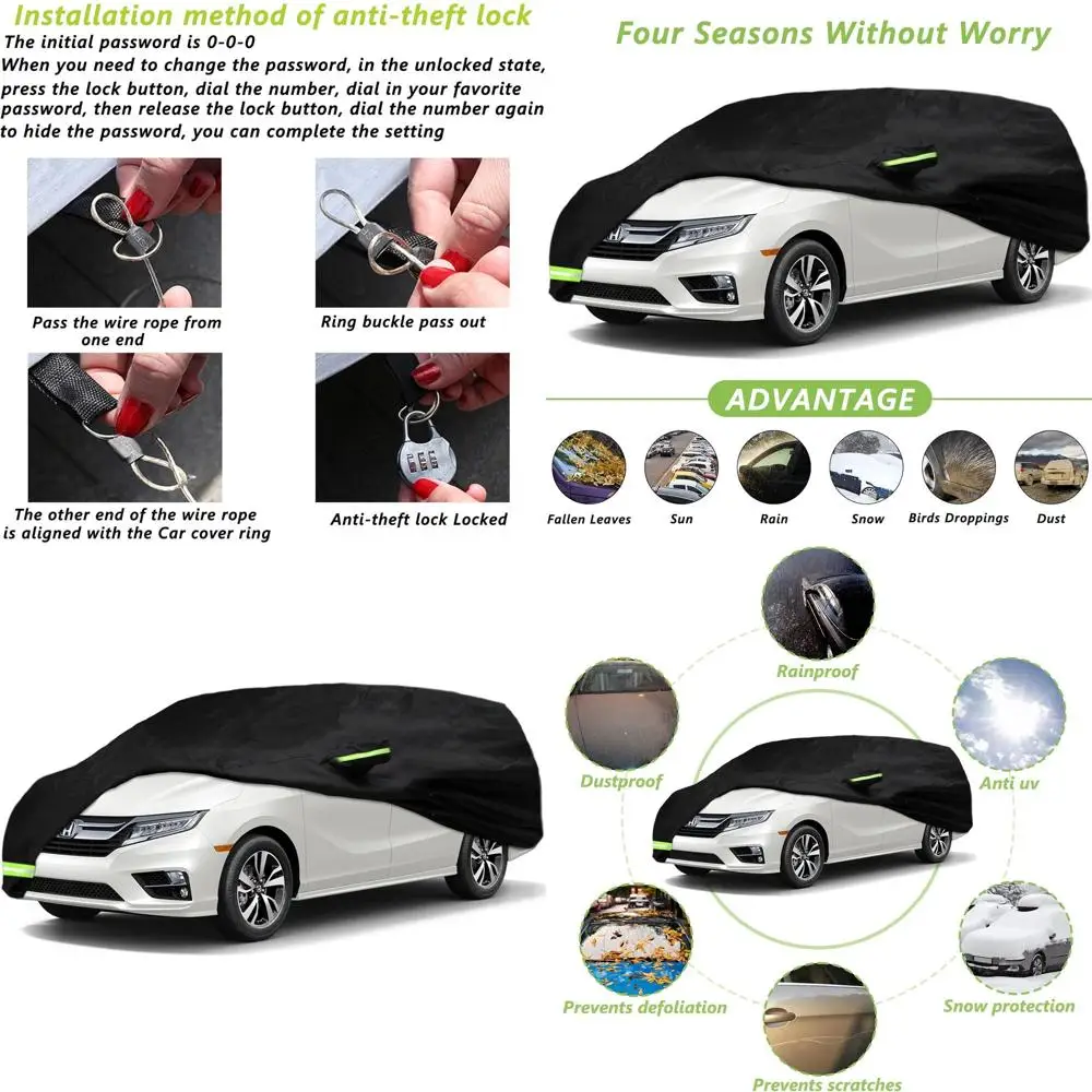 

Custom Fit Waterproof Car Cover for 2005-2026 Odyssey Minivans, 100% Water Resistant, Wind Belt, Single Door Zipper, Up to 205 L