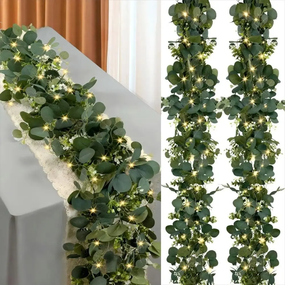 With Lights Eucalyptus Garland Green White Flowers Faux Greenery Garland Artificial Leaves Berries Fake Plant Vine Home Decor