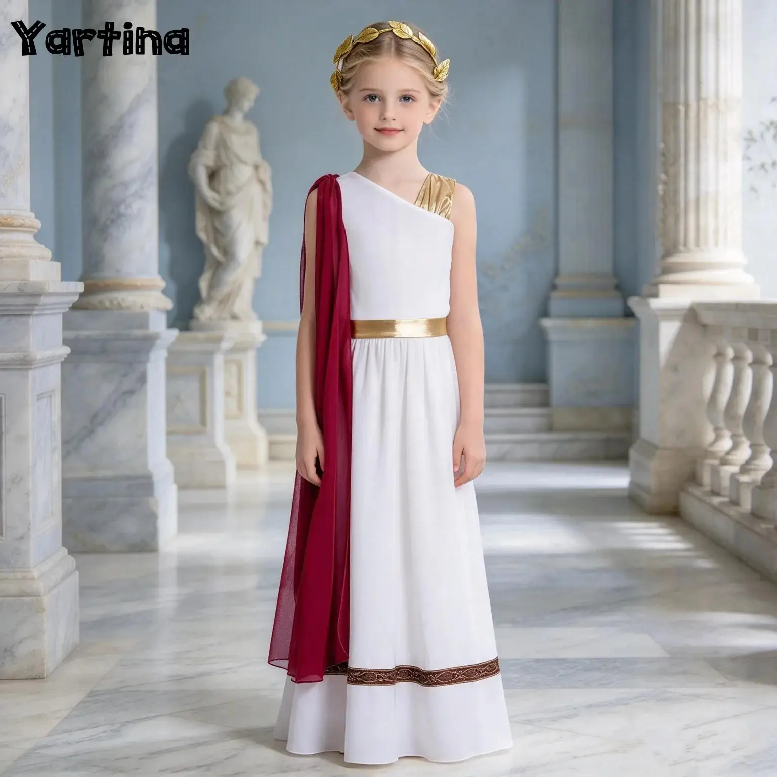 Disfraz de princesa griega o romana para niñas, ideal para representaciones teatrales y eventos de cosplay, con capa metálica, vestido y diadema con guirnalda de hojas.
