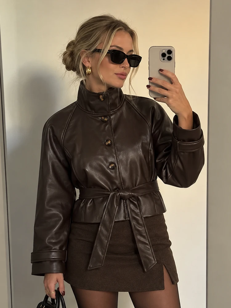 HH Women Chic Cropped Faux Leather Moto Jacket Spring Fall Dark Brown Vintage Self-Tie Waist Belt Slim Outerwear For Street Date