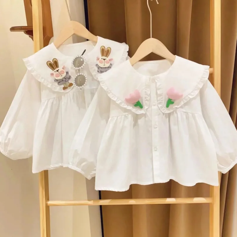 Girls' Bunny Shirt2024Autumn New Children's Clothing Children's White Shirt Col Claudine Top Baby Doll Shirt