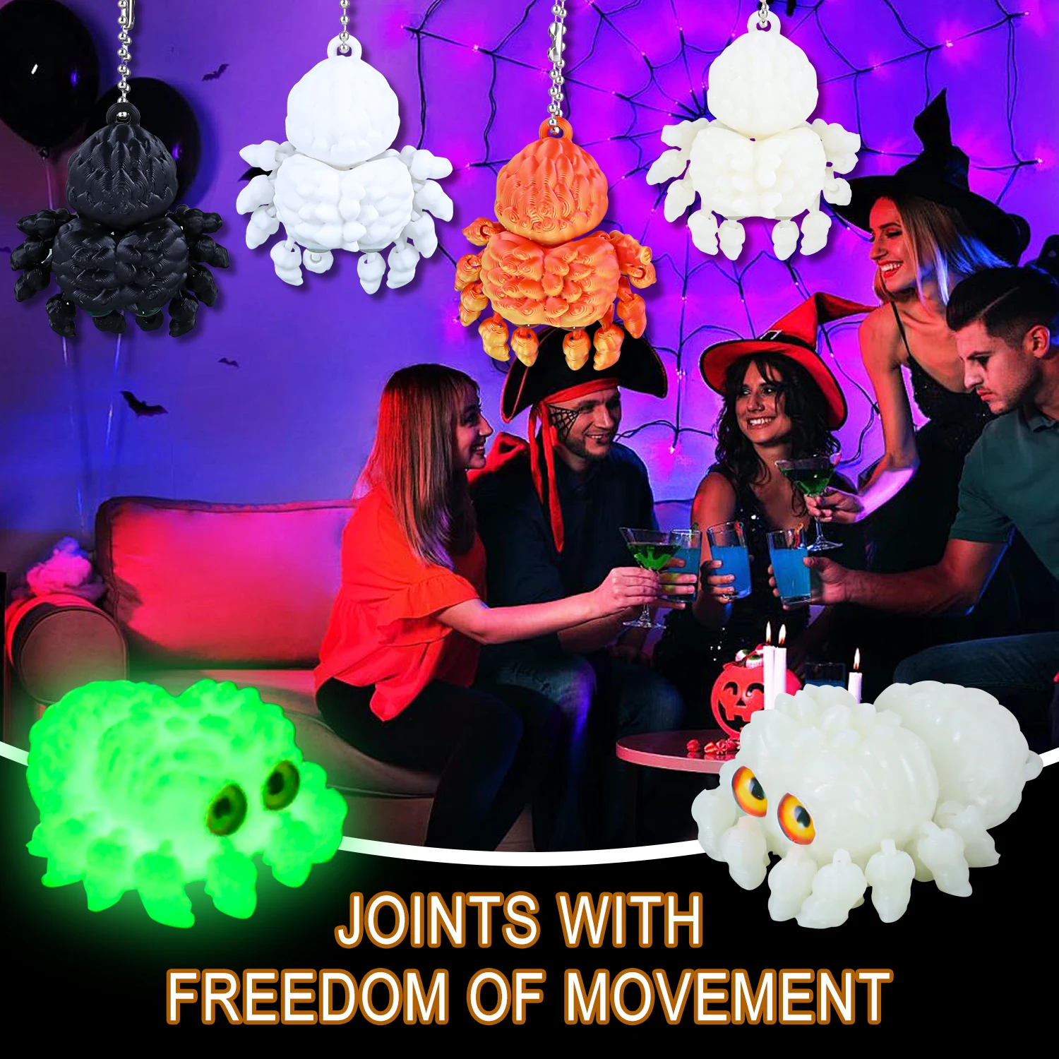 4 قطع عنكبوت مطبوع ثلاثي الأبعاد مع 10 أرجل متحركة وعيون واقعية - ديكور مكتب رائع مخيف، سلسلة مفاتيح، سحر حقيبة، هدية فريدة من نوعها للهالوين #5