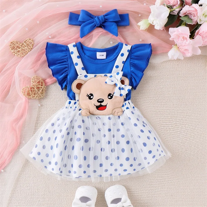 Infant Baby Girl Summer 3Pcs Clothes Ruffles Sleeve Romper Dots Beer Suspender Tutu Skirts Set Birthday Outfits