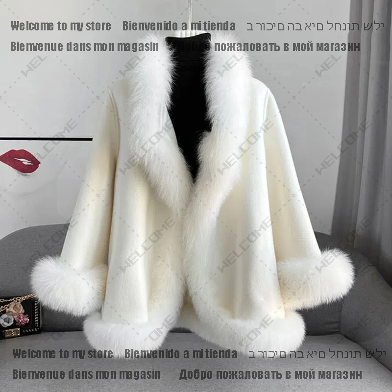 Winter Solid Faux Fox Fur Collar Poncho Coat Luxury Warm Women Cashmere Jacket Cute Female Lace up Parkas Wollen Overcoat