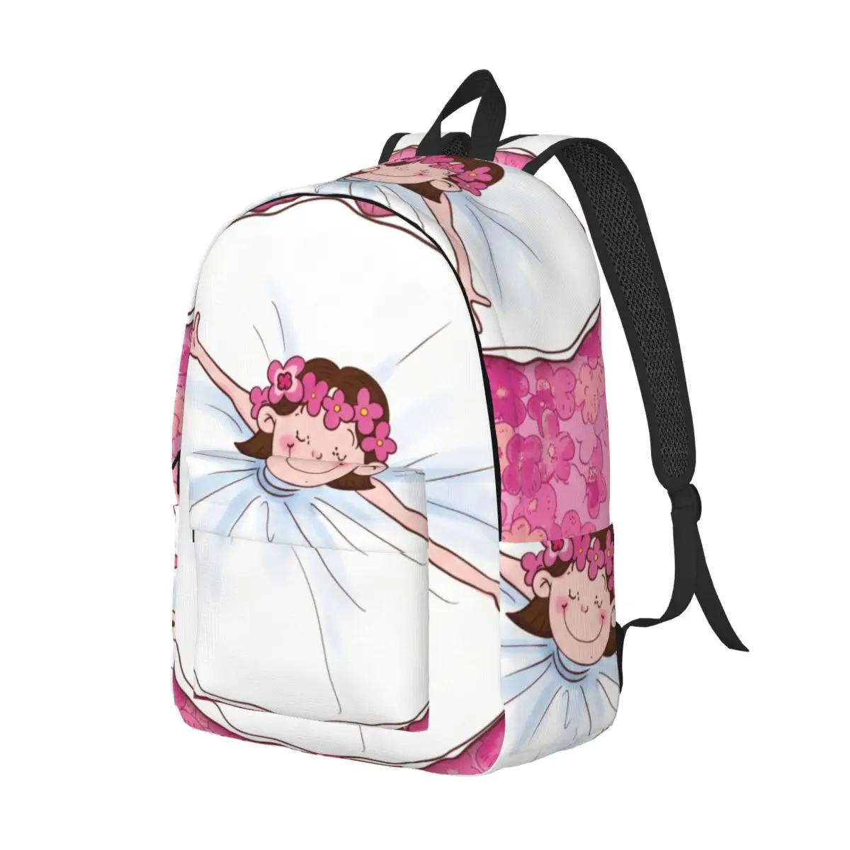 Print School Backpack Center Smiling Girl Whimsical Floral Pink Multi Lightweight Backpack for Spring School Gift Fashion Custom