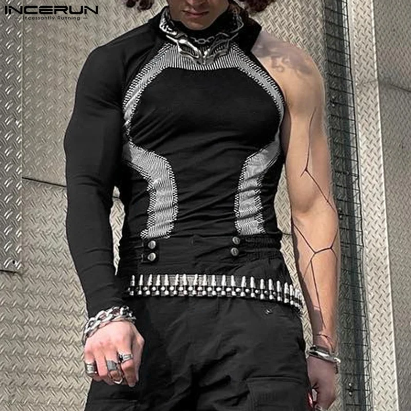 Men Simple Camisetas Men INCERUN Well Fitting Long Sleeved Handsome Knitted T-Shirts 2024 Casual Printing Stand Collar Male Tops