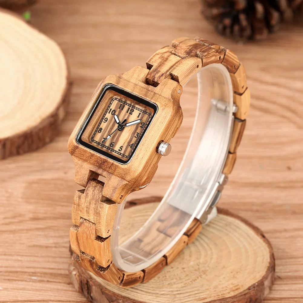 Classic Square Shaped Quartz Watches for Women Wooden Band Bracelet Wristwatch Ebony/Maple/Zebrawood Natural Stylish Lady Watch