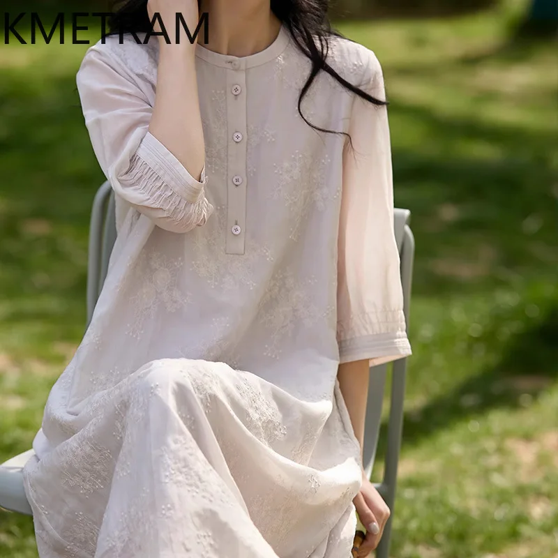 فستان نسائي من KMETRAM مصنوع من الحرير + القطن فساتين فاخرة مطرزة لملابس النساء على شكل حرف a صيف جديد في فساتين 2025 Vestidos Mujer