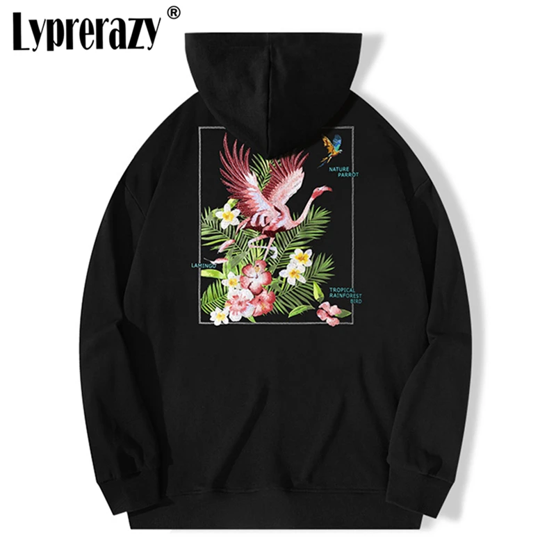 Lyprerazy National Tide Chinese Style Flamingo Embroidery Men Hoodies Sweatshirts Casual Streetwear Pullover Hooded