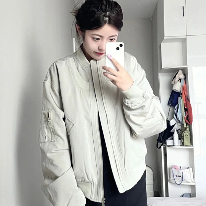 Lucyever Autumn Gray Baseball Uniform Jacket Women American Loose Zipper Bomber Jackets Woman Harajuku Streetwear Trendy Outwear