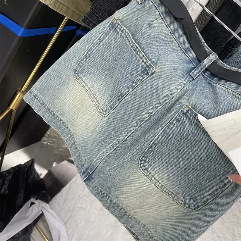 Washed Blue Jeans Cargo Skirt Women 2024 Summer Fashion Flap Pocket A Line Denim Mini Skirt Wrapped Hip Skirt Streetwear