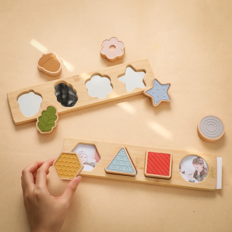 Montessori Wooden Shape Matching Puzzle Silicone Building Blocks Multifunctional Insertable Picture Tangram Wooden Toy for Babys