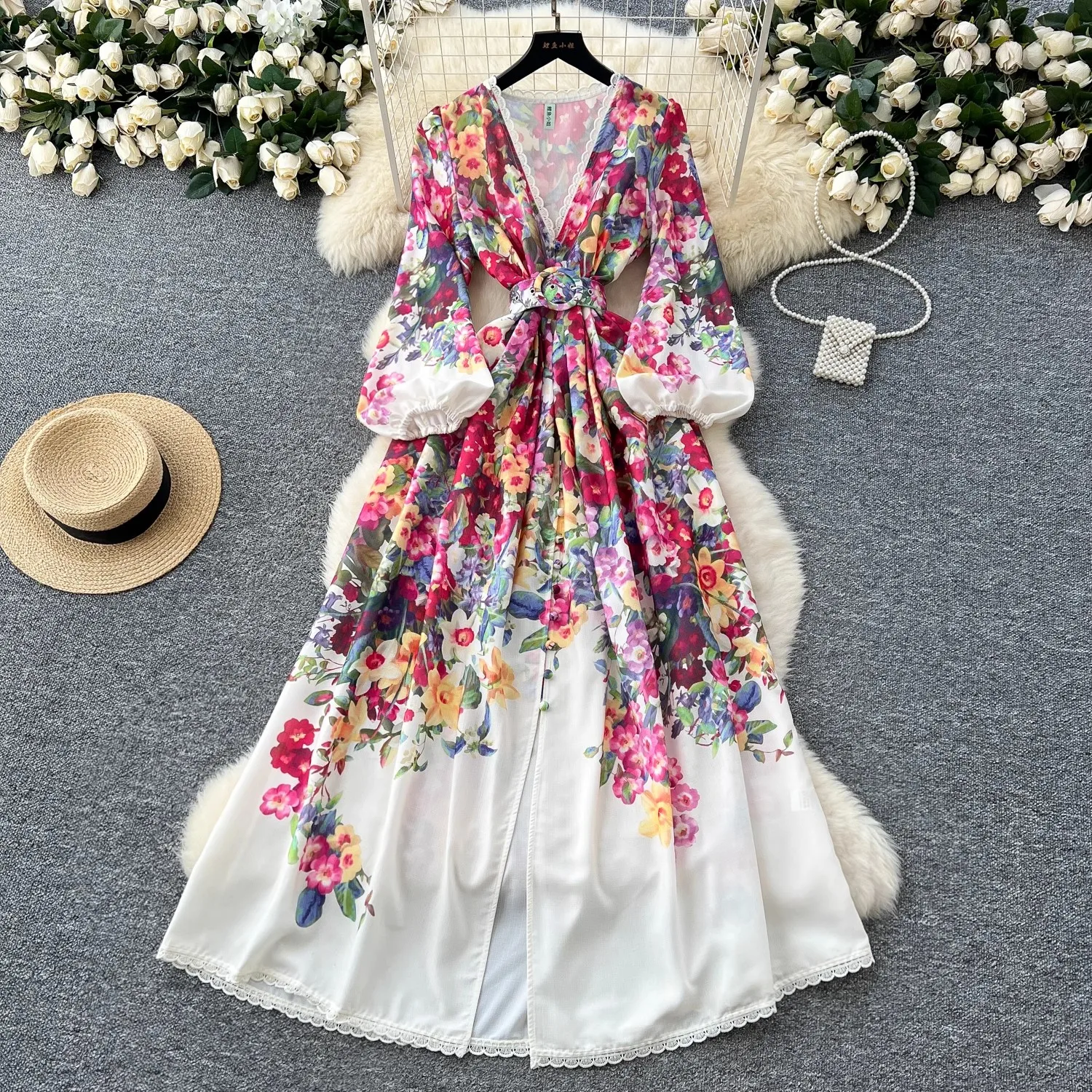 

2025 Spring Summer Holiday Flower Maxi Dress Women's V-Neck Flower Print Single Breasted Belt Lace Trims Long Robe Vestidos
