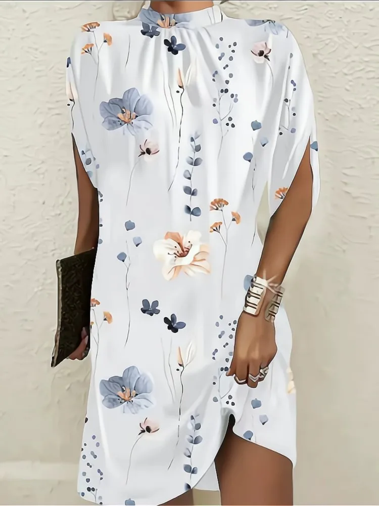

New Spring Summer Women's Fashion Printed Casual Loose Bat Sleeve Short Sleeve Round Neck Short Dress