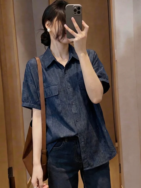 

Slim Fit Short Sleeve Denim Shirt Women's Summer New Style plus Size Bright Sequin Top Commute Style Korean Version Loose Fabric