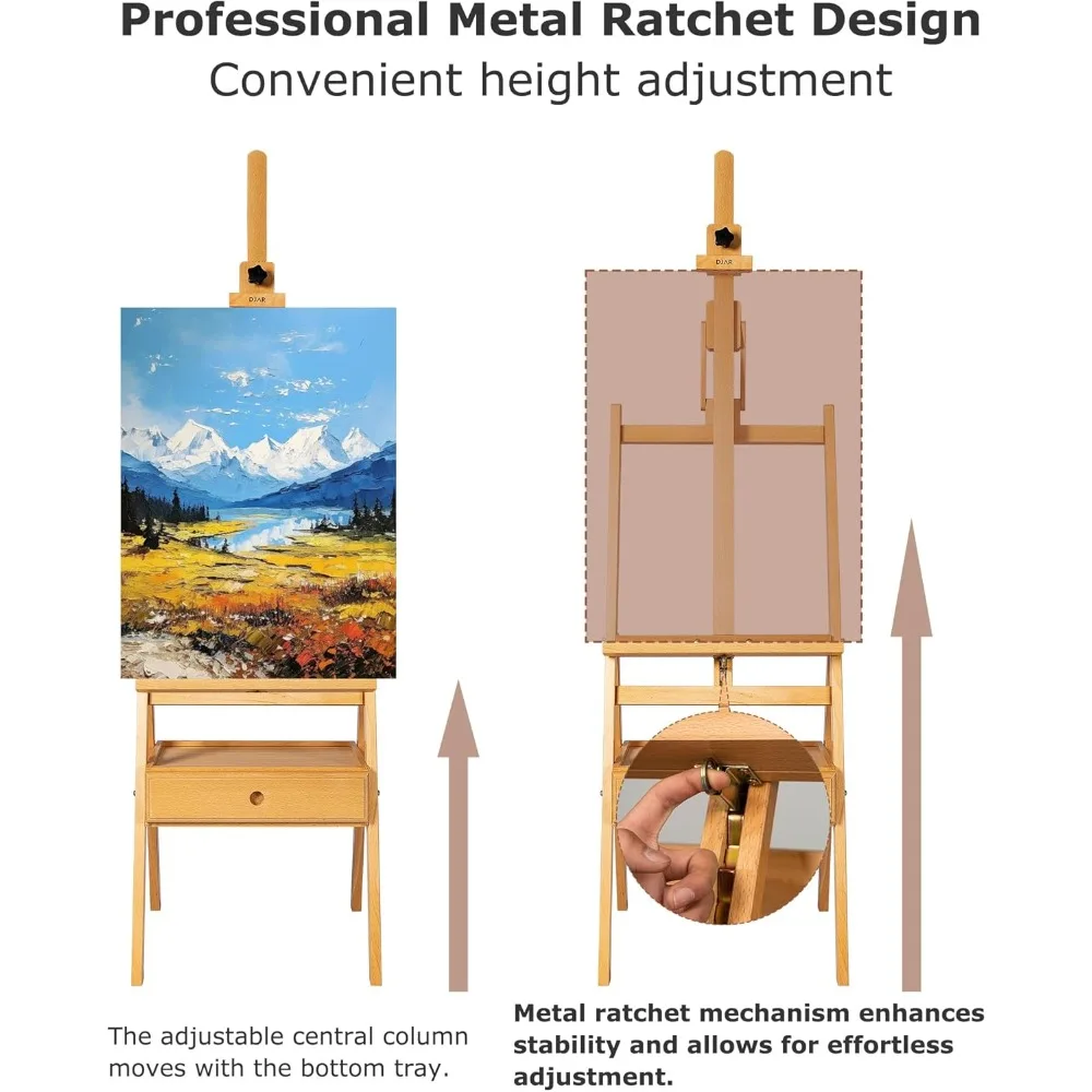 حامل كبير بإطار على شكل حرف H مع درج تخزين، ارتفاع 75 بوصة قابل للتعديل، حامل رسم من خشب الزان الصلب للطلاب البالغين #5