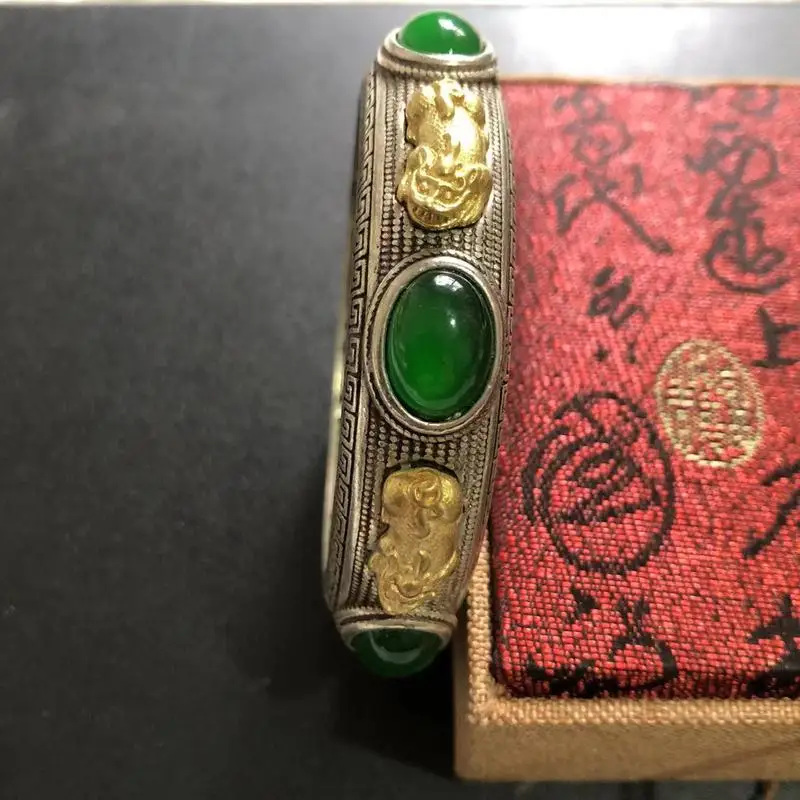 Antique Miao Silver Inlaid With Brass Pixiu, Vintage Hollow Design Gemstone Bracelet