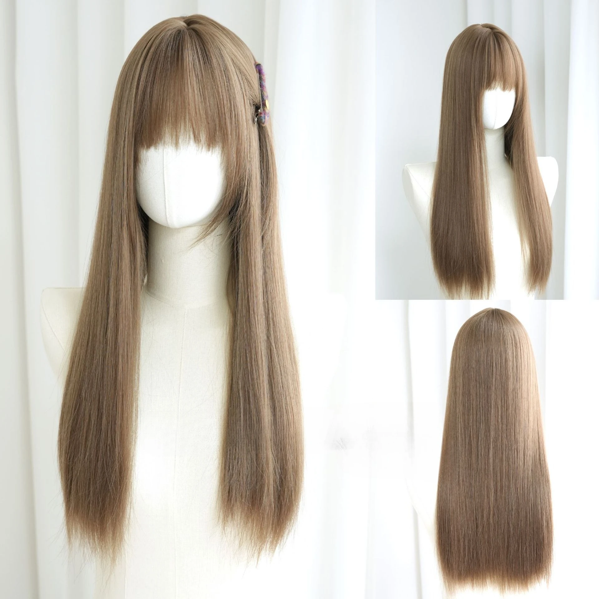 

Wig Female Air Bangs Black Long Straight Daily Round Face Lolita Japanese JK Student Simulation Long Straight Hair Full Headgear