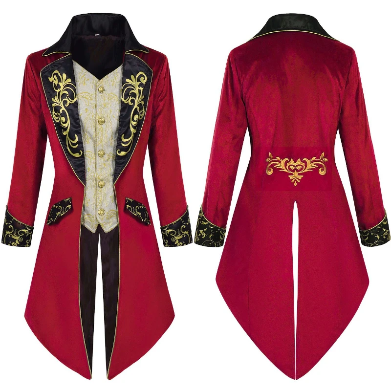 2025 Multi-Color Vintage Print Court Tuxedo for Men,Halloween & Easter Party Steampunk Mens Tailcoat, Medieval Gothic Frock Coat
